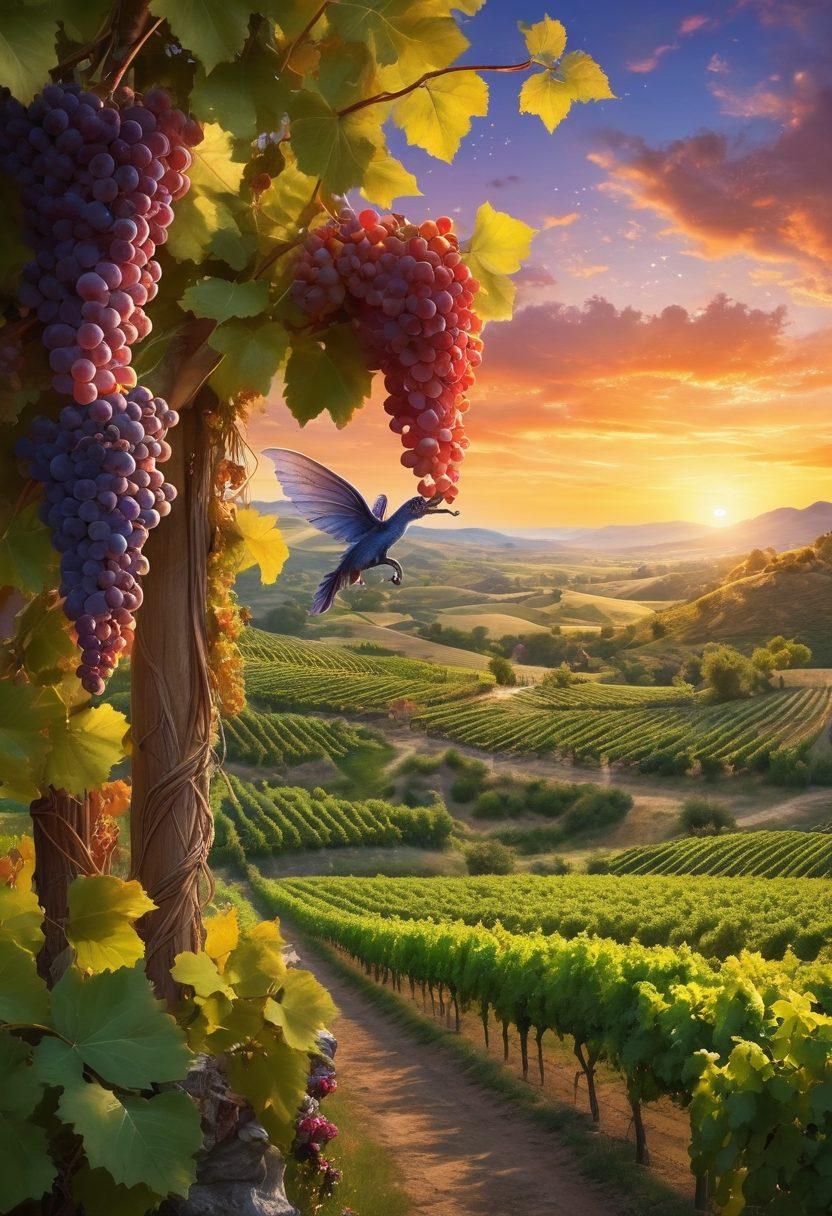 A whimsical vineyard scene featuring a mythical creature sipping wine among lush grapevines, with a backdrop of rolling hills and a vibrant sunset. Enchanting elements like glowing fireflies and fantasy flowers enhance the magical atmosphere. Visual metaphors linking wine with adventure, like a treasure map woven in vines. super-realistic. vibrant colors. fantasy art.