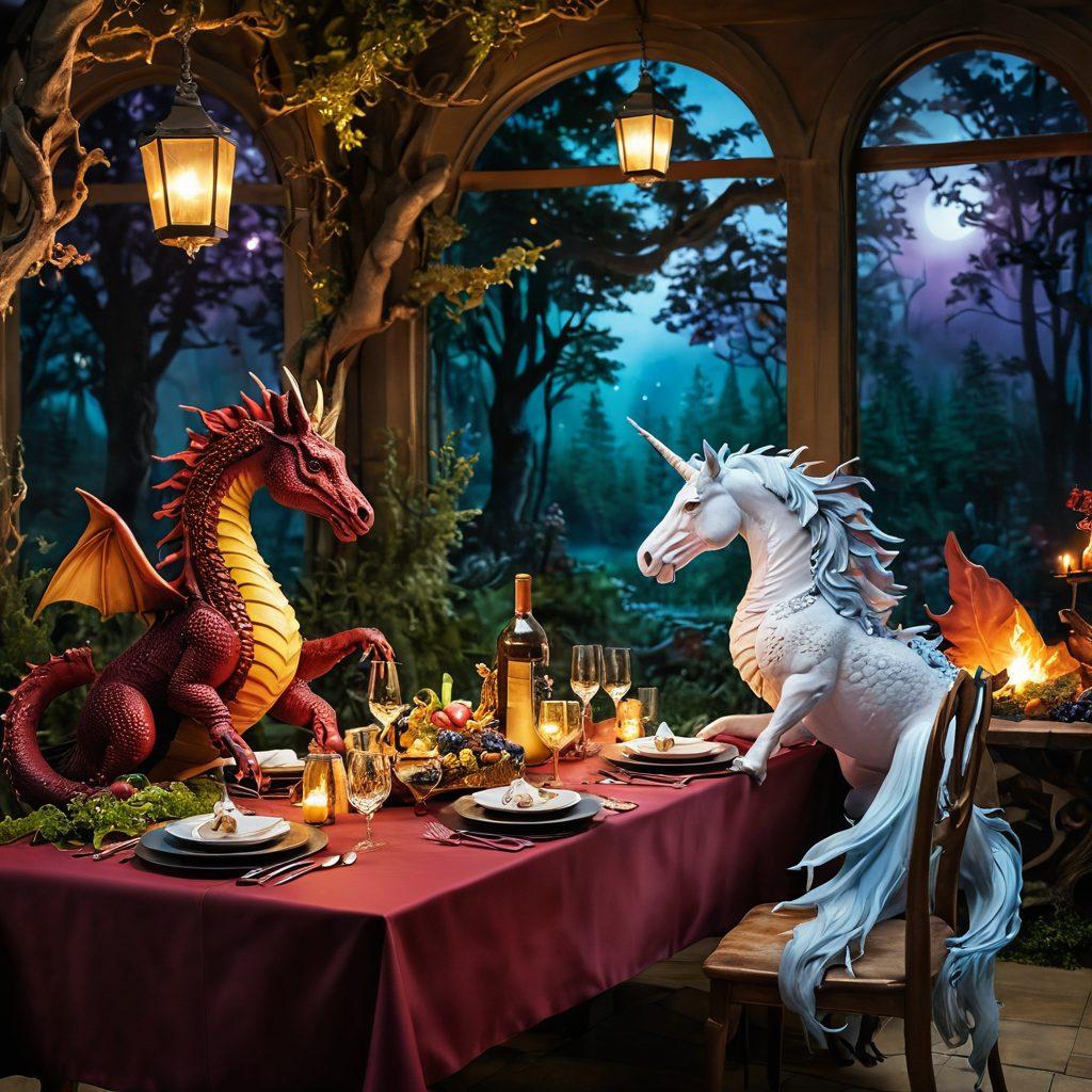 A whimsical table setting featuring a glass of Merlot next to fantastical creatures like a dragon and unicorn, joyfully interacting around a feast of gourmet foods. Enchanted forest backdrop with soft, magical lighting highlighting the scene, inviting a sense of wonder and pairing delight. super-realistic. vibrant colors. enchanting atmosphere.